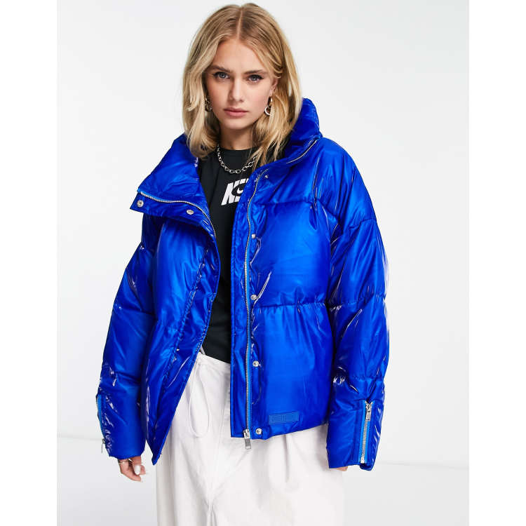 River island blue iridescent funnel neck puffer on sale jacket