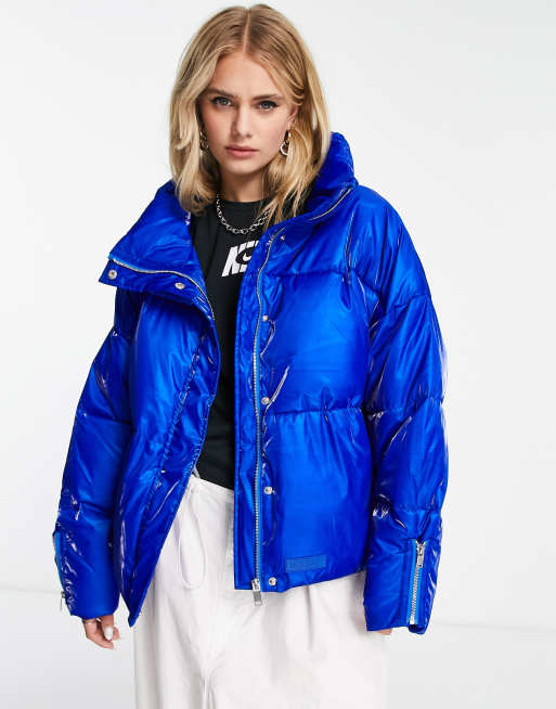 Sixth June high neck oversized puffer jacket in iridescent blue | ASOS