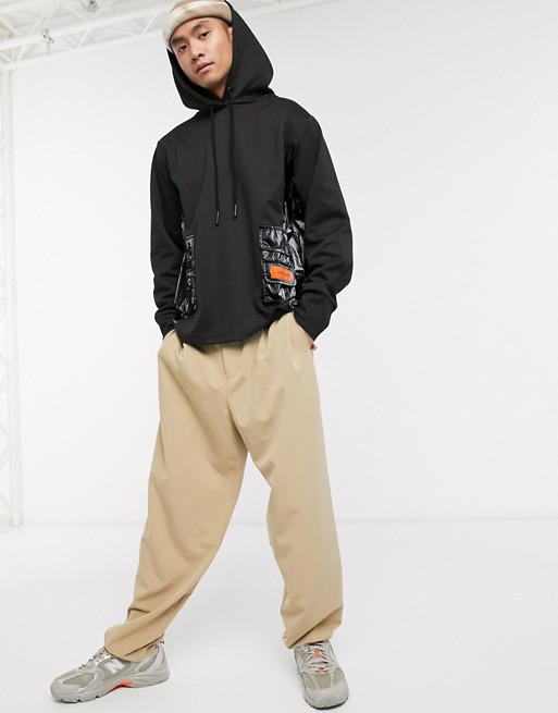 Sixth June hoodie with high shine cargo pockets in black