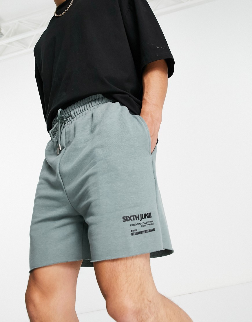 Sixth June jersey shorts co-ord in dusty green with logo print and raw hem