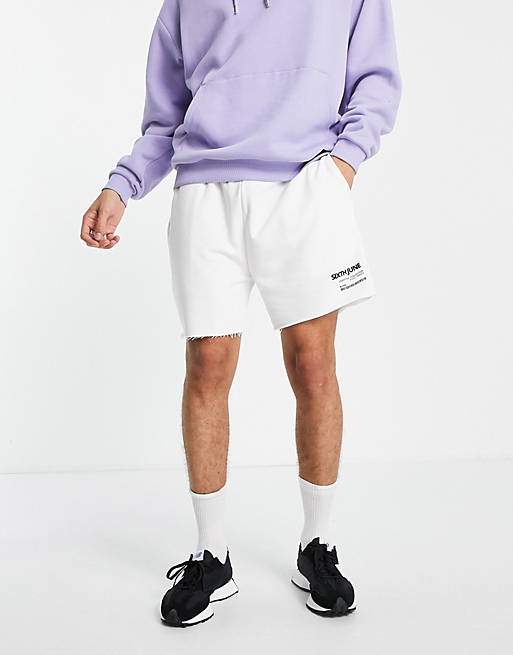 Sixth June jersey shorts co-ord in off white with logo print and raw hem