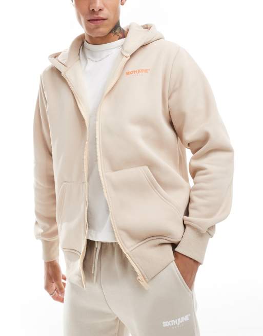 Sixth June – Kapuzenjacke in Beige mit „Glory“- und Engelprint auf dem Rücken