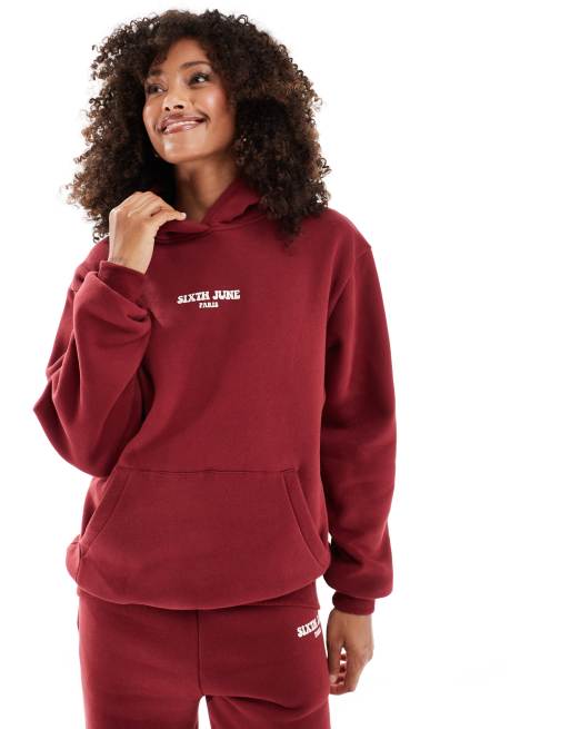 Sixth June – Kapuzenpullover in Burgunderrot mit Zitat-Aufdruck hinten, Kombiteil, 2 von 4