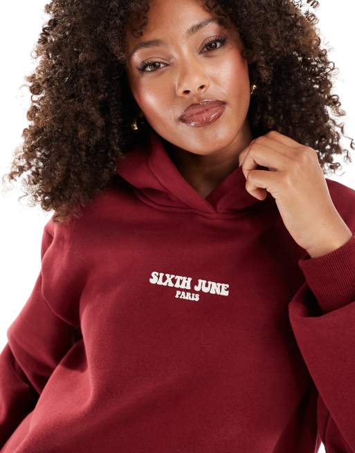 Sixth June – Kapuzenpullover in Burgunderrot mit Zitat-Aufdruck hinten, Kombiteil, 3 von 4