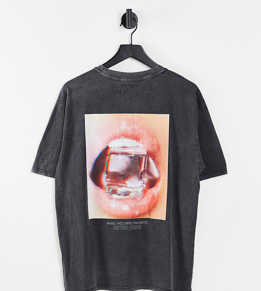 Sixth June lips back print oversize washed T-shirt in gray-Grey