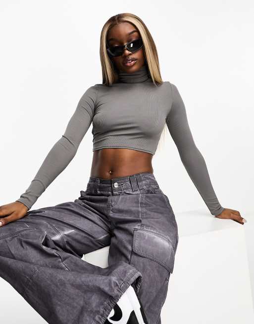 Sixth June long sleeve high neck crop top with open back in