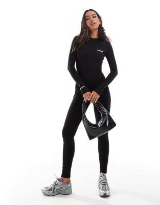 long sleeve logo unitard in black