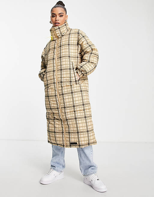 Sixth June longline check puffer coat with branding detail