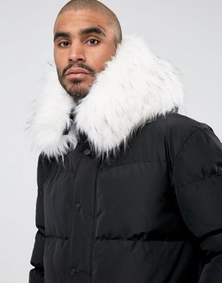 black puffer jacket with white fur hood