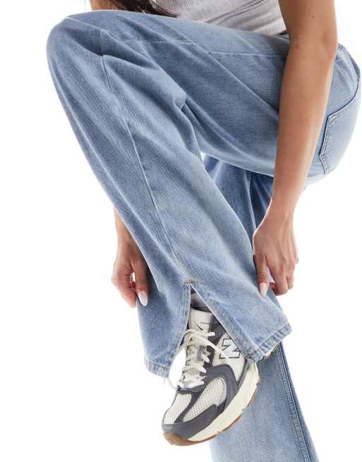 Sixth June low rise acid wash wide leg jeans with split hem in blue, 2 of 5