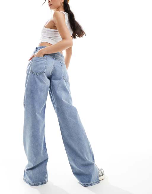 Sixth June low rise acid wash wide leg jeans with split hem in blue, 3 of 5
