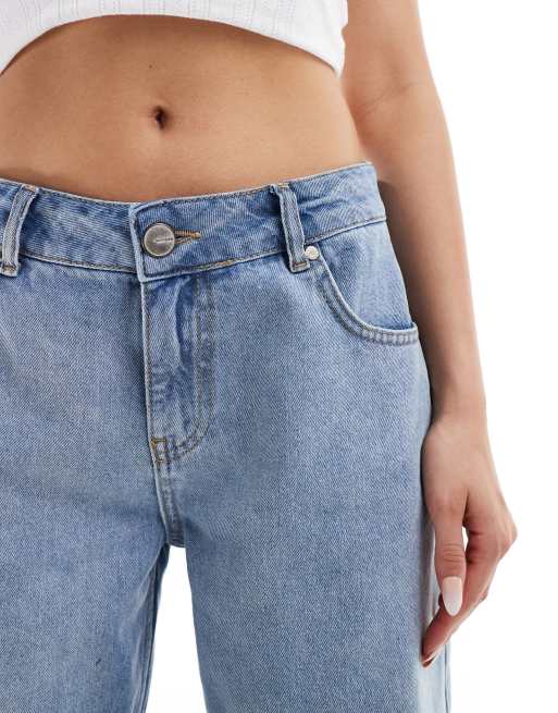 Sixth June low rise acid wash wide leg jeans with split hem in blue, 4 of 5