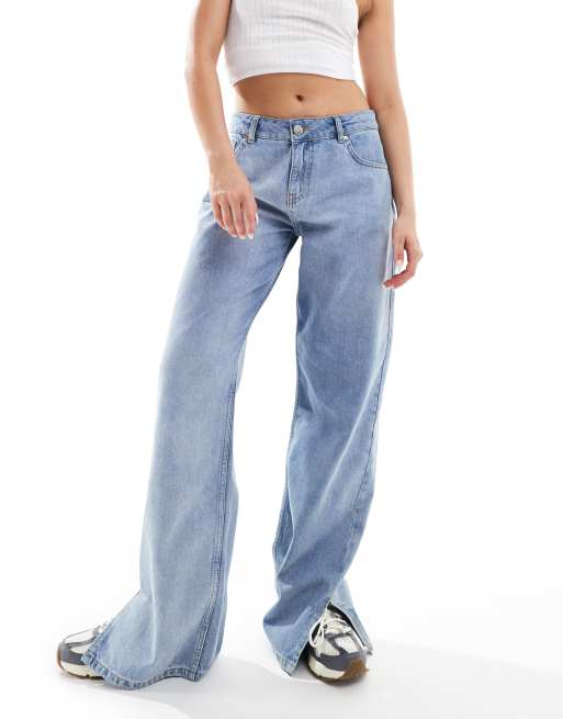 Sixth June low rise acid wash wide leg jeans with split hem in
