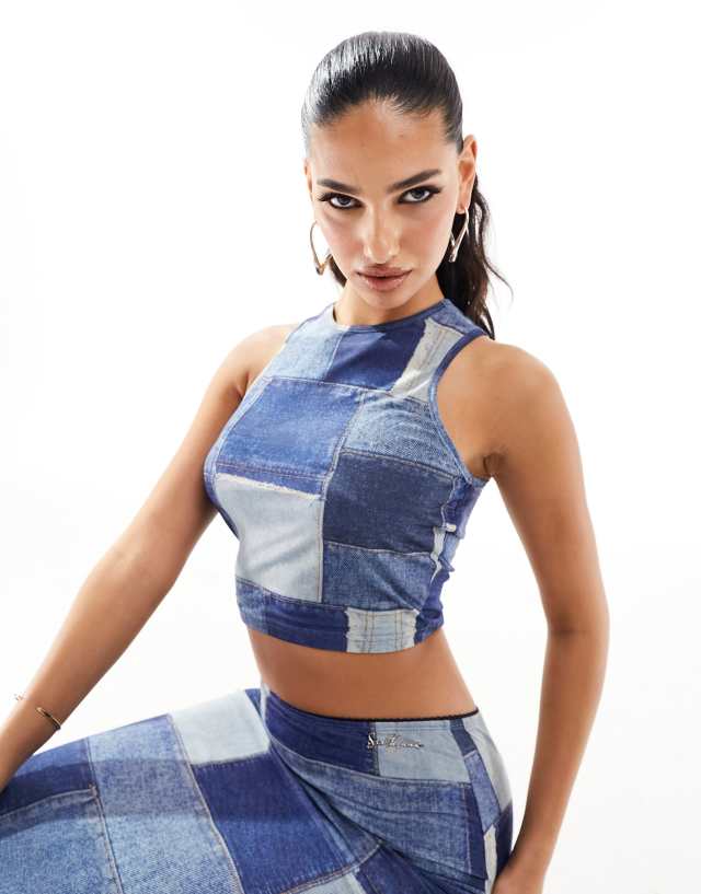 Sixth June mesh patchwork denim print crop top in blue - part of a