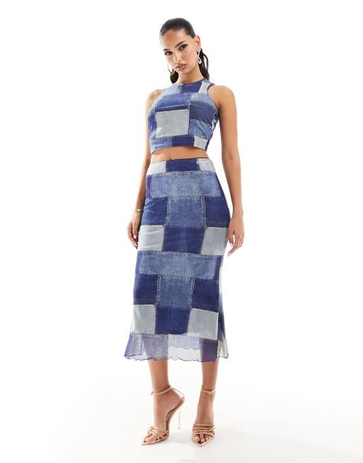 Sixth June mesh patchwork denim print crop top in blue - part of a