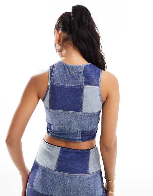 Sixth June mesh patchwork denim print crop top in blue - part of a set