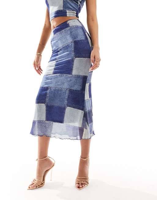 【海外限定】REISSスカート☆Fee Patchwork High-Rise Denim Mid Sixth June mesh patchwork denim print maxi skirt in blue