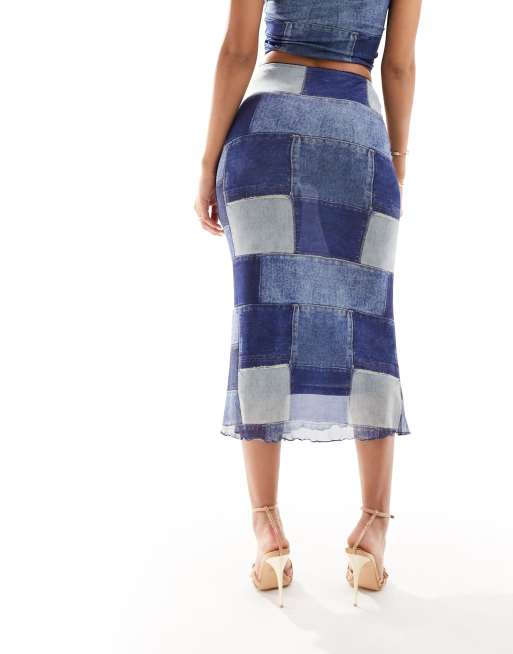 Sixth June mesh patchwork denim print maxi skirt in blue (part of