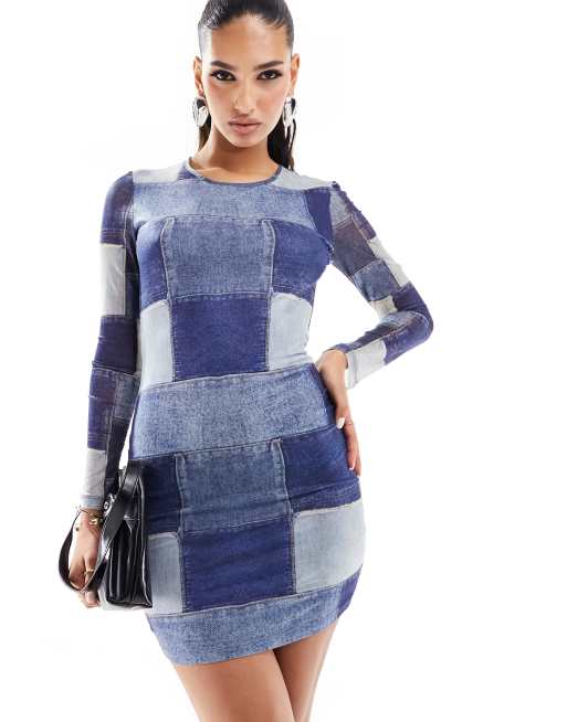 Sixth June - Mini-jurk van mesh met patchwork-denimprint in blauw, 2 van 4