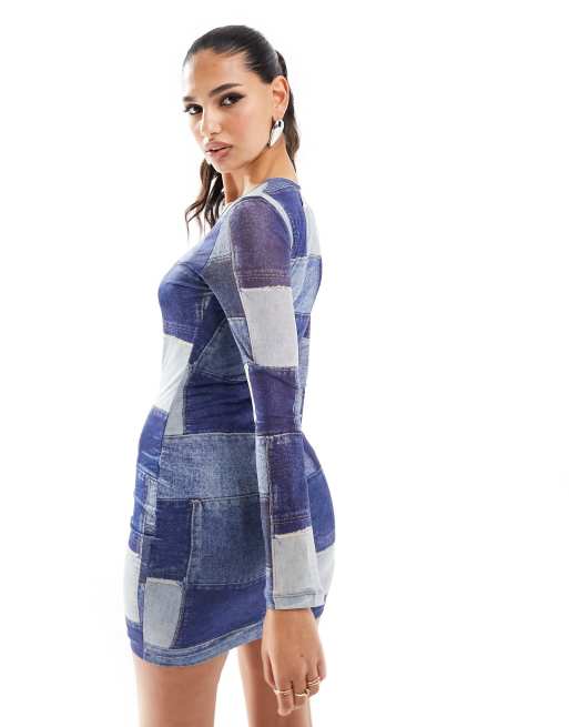 Sixth June – Niebieska siateczkowa sukienka mini w patchworkowy jeansowy wzór, 4 z 4