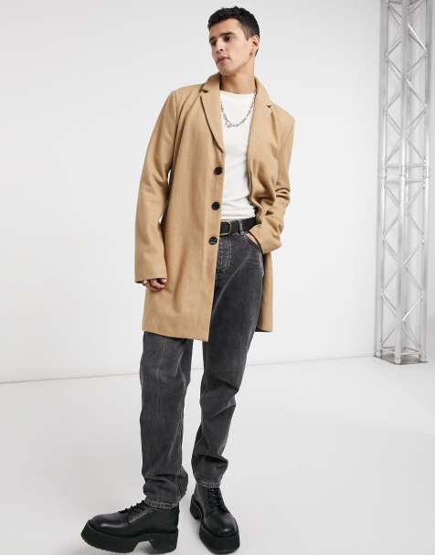 Men S Overcoats Camel Funnel Neck Long Coats Asos