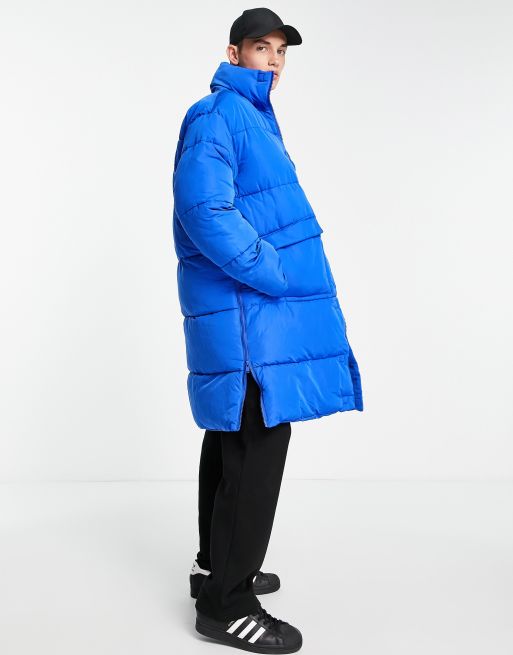 Long blue store puffer jacket