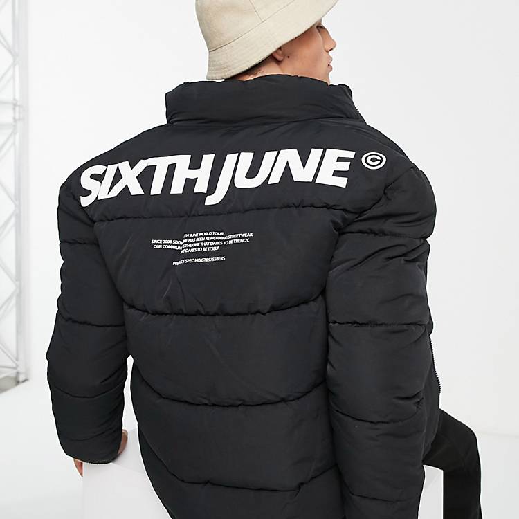 Sixth June oversized backprint puffer jacket in black メンズ-