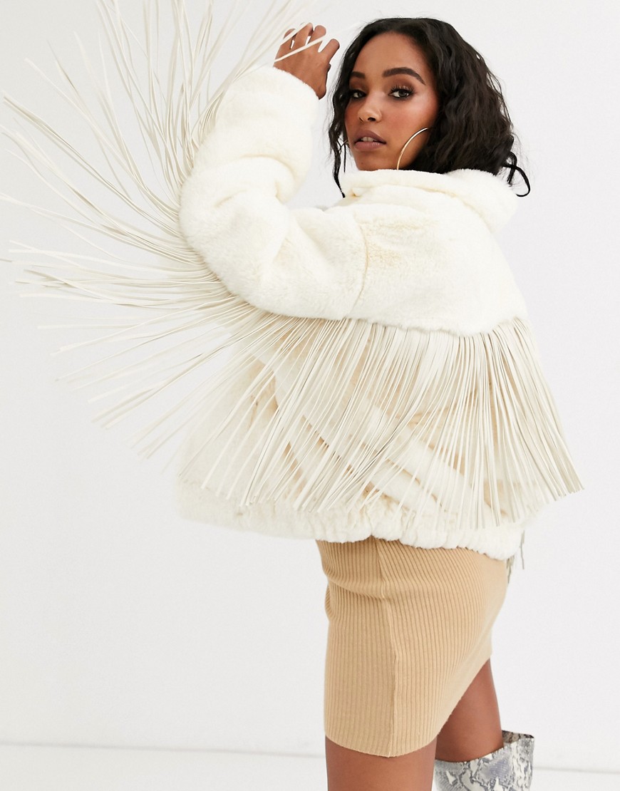 Sixth June oversized bomber jacket in faux fur with tassle back-White