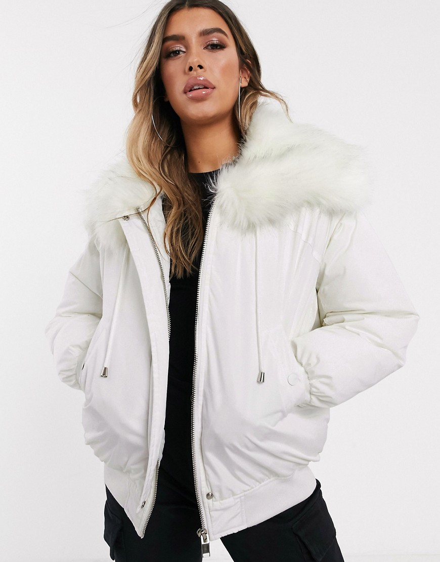 Sixth June oversized bomber jacket with faux fur hood-White