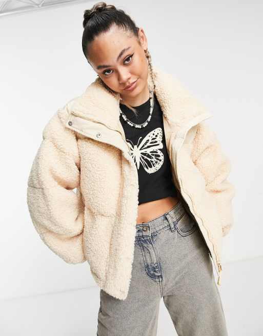 Sixth June oversized boxy crop puffer jacket in cream sherpa with contrast  collar