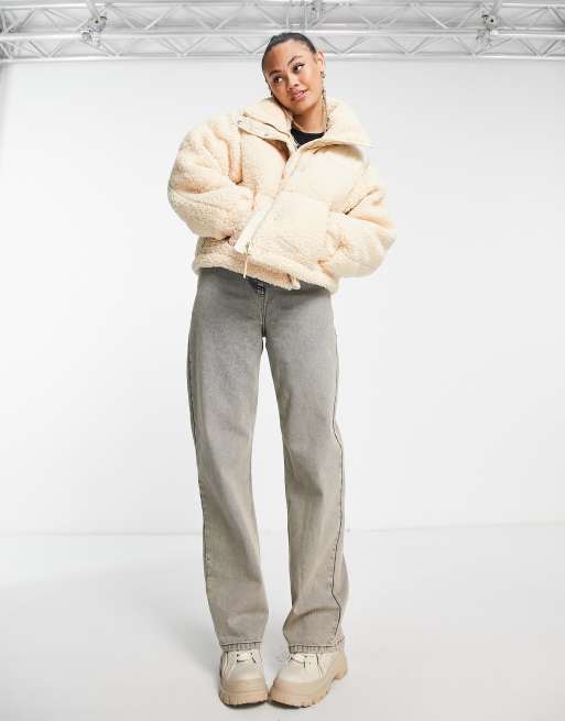 Sixth June oversized boxy crop puffer jacket in cream sherpa with