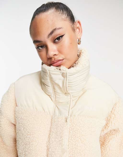 Sixth June oversized boxy crop puffer jacket in cream sherpa with