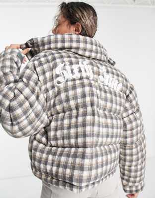 Sixth June oversized boxy puffer jacket in soft plaid with back logo