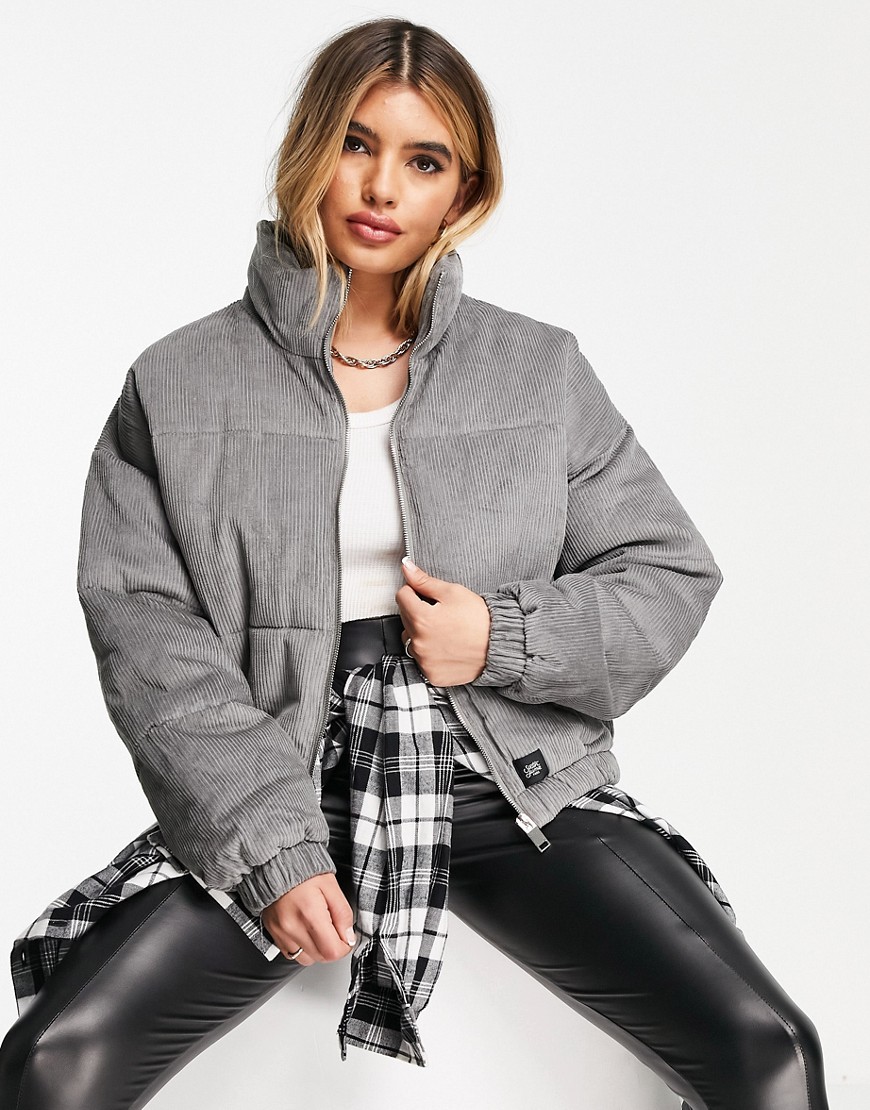 Sixth June oversized cropped puffer coat in gray corduroy -sixth june WW jackets to hold off till august -