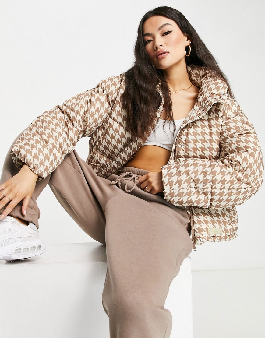 Sixth June oversized cropped puffer in dogtooth print-Neutral