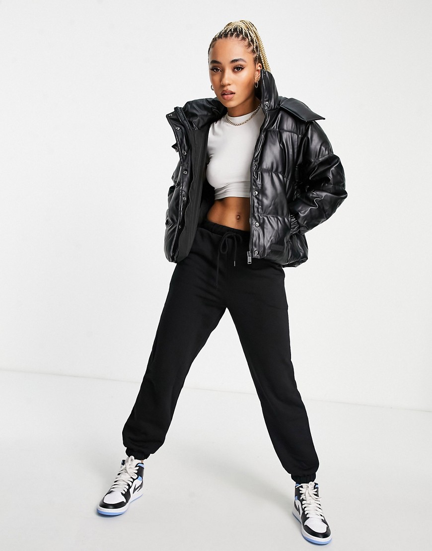 Sixth June oversized cropped puffer jacket with hood in faux leather-Black