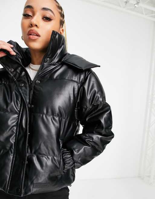 Sixth June oversized cropped puffer jacket with hood in faux leather