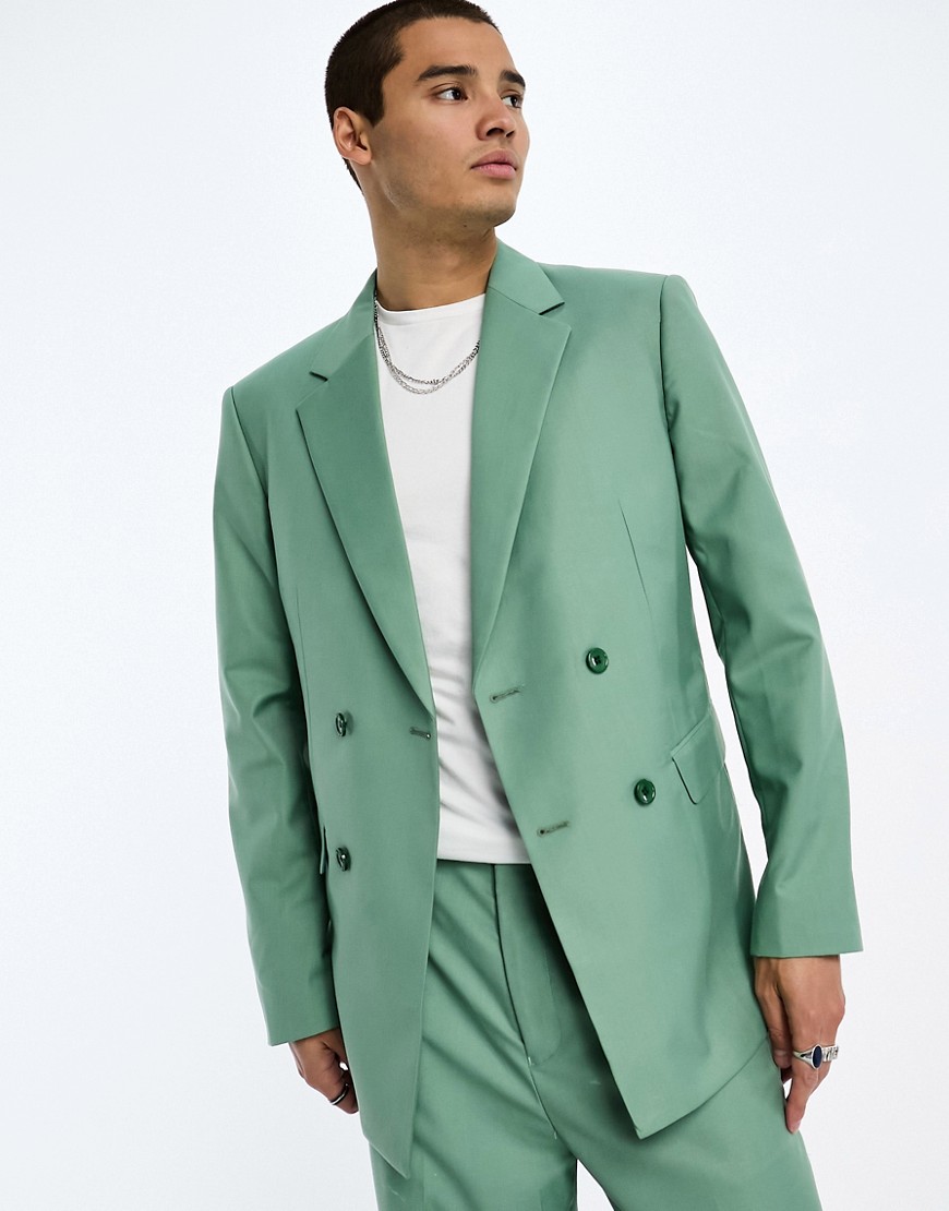 Sixth June Oversized Double Breasted Suit Jacket In Sage Green