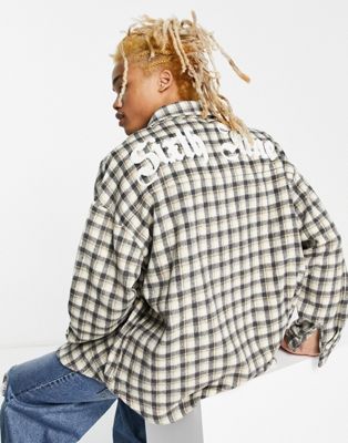 Sixth June oversized flannel check overshirt in grey with logo embroidery