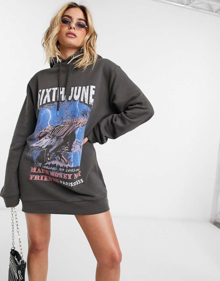 Sixth June oversized hoodie dress with front graphic in vintage wash-Black