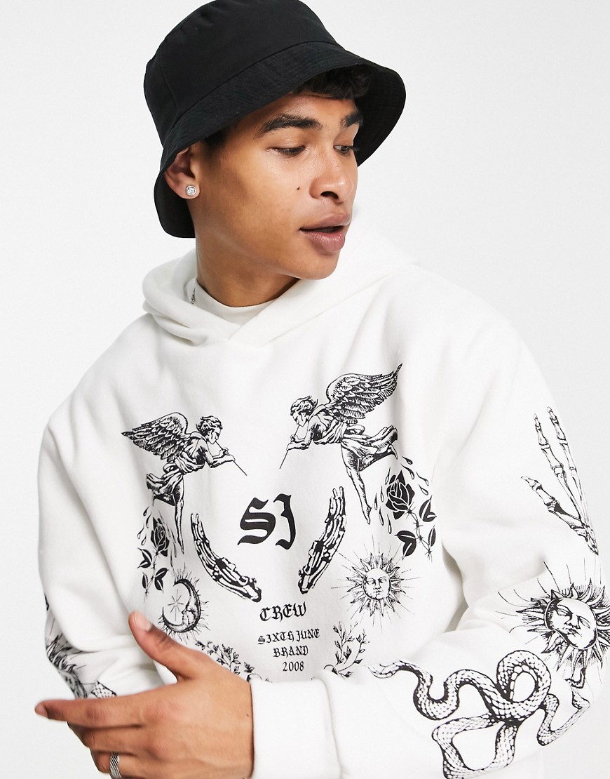 Sixth June Oversized Hoodie In White With All Over Tattoo Print - Part Of A Set