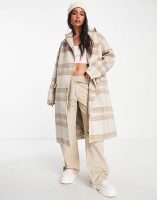 Sixth June oversized longline coat in wool effect neutral tartan