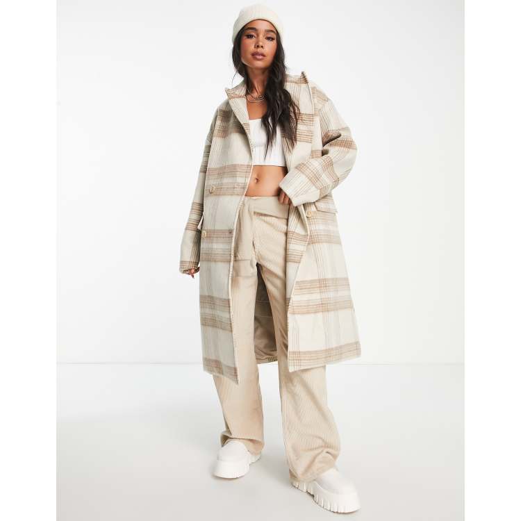 Sixth June oversized longline coat in wool effect neutral tartan