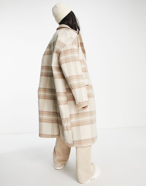 Sixth June oversized longline coat in wool effect neutral tartan