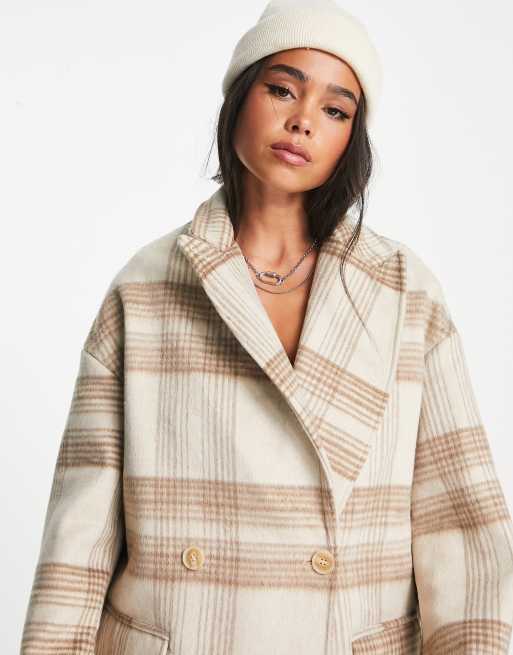 Sixth June oversized longline coat in wool effect neutral tartan