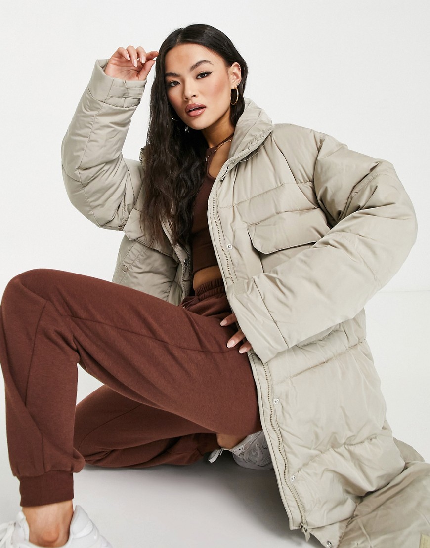 Sixth June oversized longline puffer coat with pocket detail-Neutral