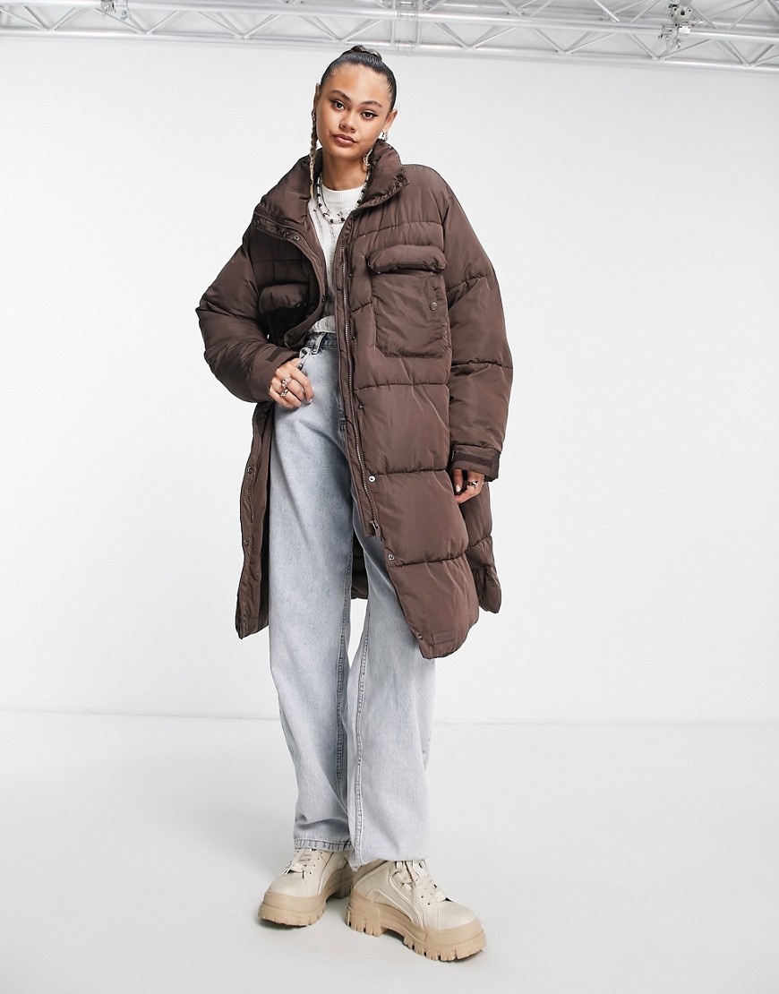 Sixth June Oversized Maxi Puffer Jacket With Front Pockets In Brown