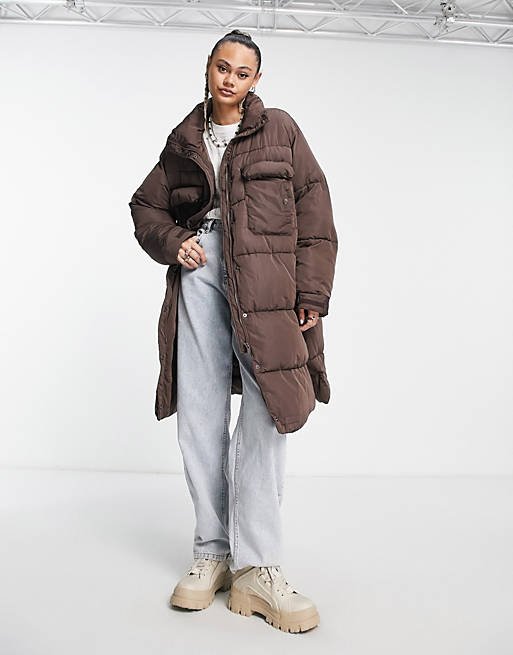Sixth June oversized maxi puffer jacket with front pockets in brown