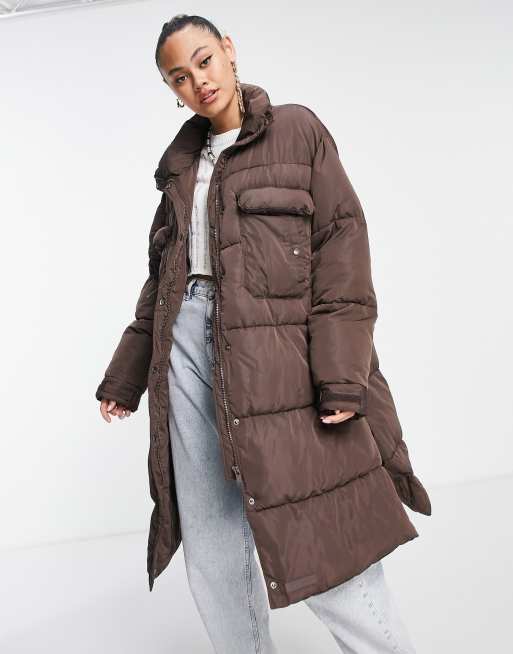 Sixth June oversized maxi puffer jacket with front pockets in brown