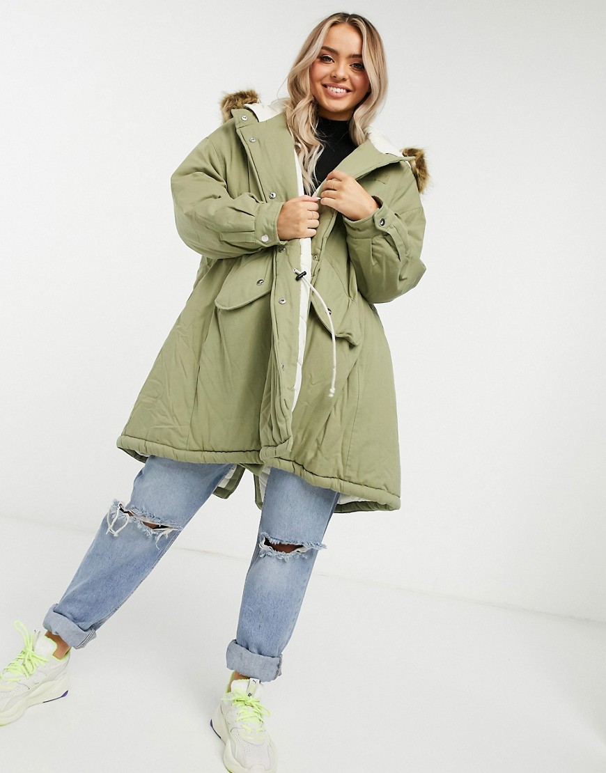 Sixth June Oversized Parka Coat With Faux Fur Hood-green